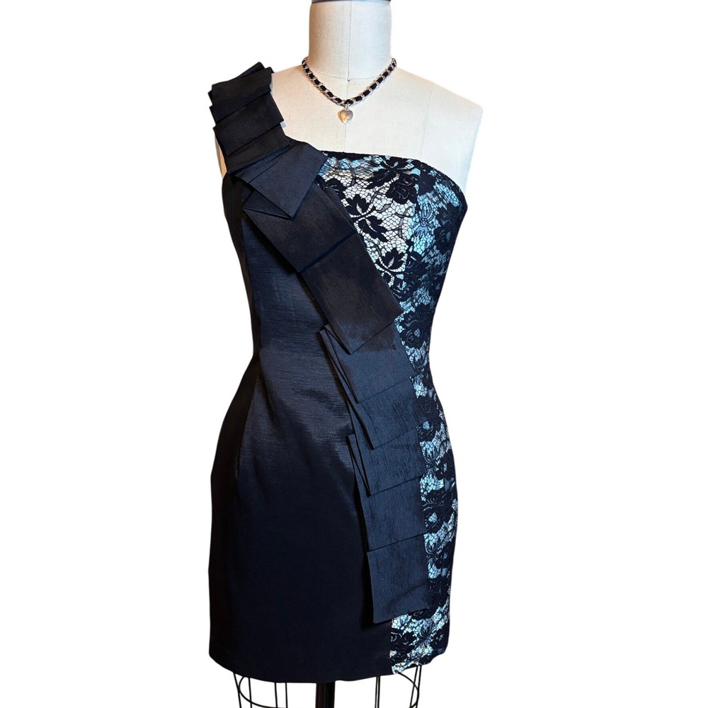 Jessica McClintock One Shoulder Cocktail Dress S Black Blue Lace Ruffle Mini